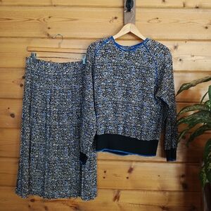 Andrea Gayle Vintage Skirt Suit 2PC Set 80s 90s Blue Multi Geo Stretch Top Sz 12